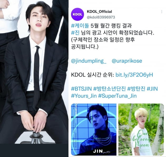 방탄소년단 진,   케이돌(KDOL)  주간랭킹 1위..뜨거운 인기