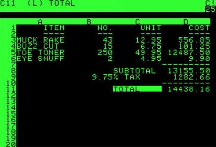 최초의 스프레드시트 소프트웨어 VisiCalc이 실행된 컴퓨터 화면(1979년 출시)