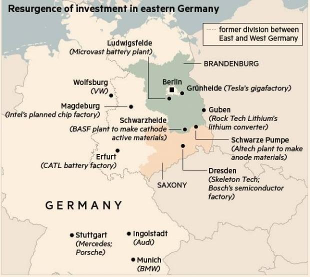 글로벌 기업들이 투자하는 동독 주요 도시들. 출처=FT
