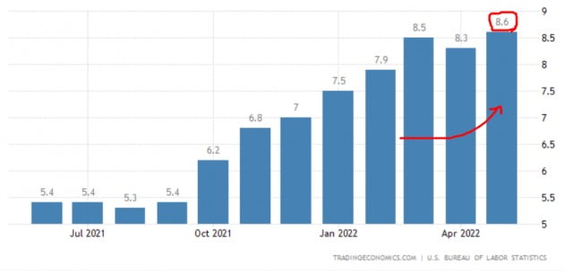 미국의 소비자물가지수는 지난 5월 8.6%(작년 동기 대비)까지 치솟았다. 미 노동부 및 트레이딩이코노믹스 제공
