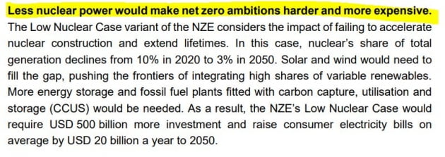원전 활용을 줄이는 것은 2050 넷제로(NZE) 달성을 힘들게 할 것이라는 보고서 내용. IEA 홈페이지에 공개된 'Nuclear Power and Secure Energy Transitions' 보고서 중 일부