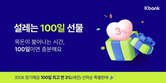 케이뱅크가 조건없이 최고 연 3% 금리를 제공하는 100일 예금 특판을 시행한다. (사진 = 케이뱅크)