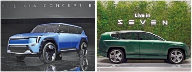 14일 부산모터쇼에서 기아는 내년 출시할 예정인 대형 전기 스포츠유틸리티차량(SUV) EV9 콘셉트카(왼쪽)를, 현대자동차는 대형 전기 SUV 아이오닉 7의 콘셉트카 ‘세븐’을 공개했다. /현대차·기아 제공