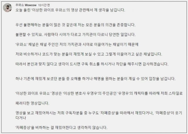 '이상한 변호사 우영우' 패러디 영상을 올린 유튜버의 해명. / 사진=유튜브 채널 '우와소 Wowcow'