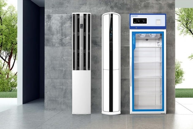 왼쪽부터 캐리어에어컨 All New 에어로 18단 에어컨, All New 18단 와이드 공기청정기, 캐리어냉장 의약품 냉장고