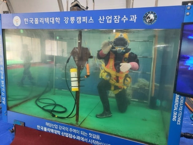 한국폴리텍대학 강릉캠퍼스 한 학생이 물 속에서 용접하는 시범을 보이고 있다.