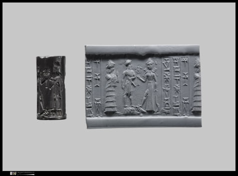 왕이 이쉬타르 여신과 만나는 장면을 표현한 원통형 인장. 3700~3800년 전 만들어진 이 인장에는 '피티툼, 이쉬메신의 아들이며 네르갈신의 종'이라고 적혀 있다. 국립중앙박물관 제공