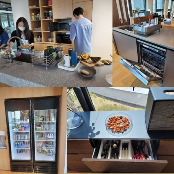 보이저엑스 다이닝 공간에는 직원들이 간단히 식사를 준비해 먹을 수 있도록 조리대와 커트러리, 식기세척기를 구비하고 있다. 