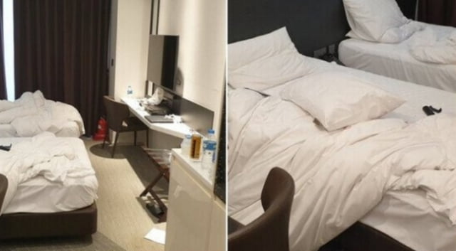 4성급 호텔 직원이 고객 퇴실 후 어질러진 객실 모습이라며 올린 사진. / 사진=온라인 커뮤니티