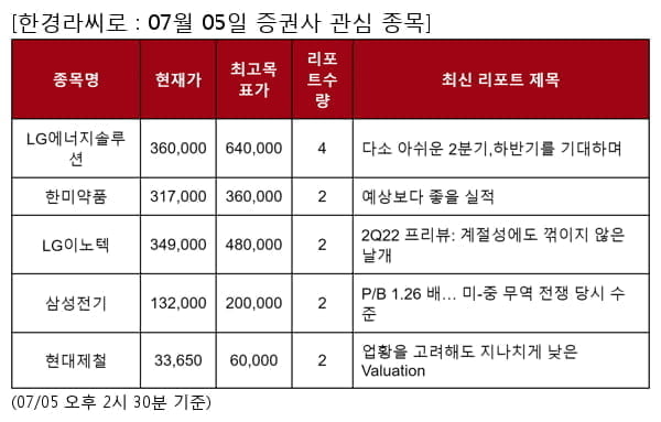 LG에너지솔루션,한미약품,LG이노텍,삼성전기,현대제철,LG화학,이마트