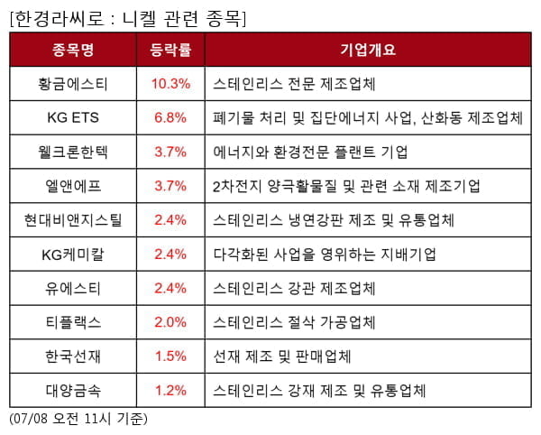 황금에스티,KG ETS,웰크론한텍,엘앤에프,현대비앤지스틸,KG케미칼,유에스티,티플랙스,한국선재,대양금속