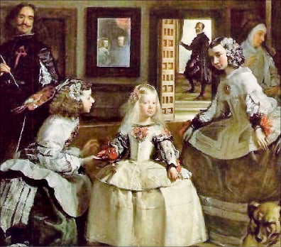 디에고 벨라스케스가 그린 ‘시녀들’. 중간에 있는 작은 거울에 비친 두 인물이 마리아나 왕비(왼쪽)와 펠리페 4세다. 