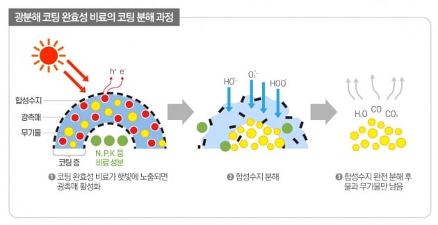 광분해 완효성 비료의 코팅 분해 과정. 사진=팜한농 제공