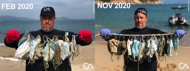2020년 2월과 2020년 11월에 버려진 일회용 마스크. 9개월 사이 마스크 폐기량이 급증했다. 사진=해양보호단체 ‘오션즈아시아’ 제공