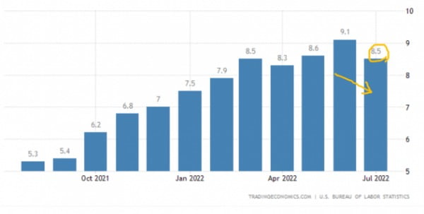 미국의 지난달 소비자물가지수는 8.5%(작년 동기 대비) 상승했다. 전달보다 인플레이션이 둔화하는 조짐이 나타났다. 미 노동부 및 트레이딩이코노믹스 제공
