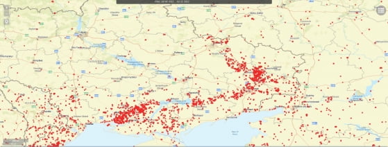 지난 7월 9일부터 7월 22일까지 우크라이나 내 화재 발생 빈도 지도. 남부와 동부에서 전선이 교착된 상황을 볼 수 있다. 자료=미국 항공우주국(NASA)
