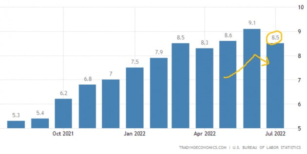 미국의 지난달 기준 소비자물가지수는 8.5% 상승(작년 동기 대비)했다. 전달보다는 상승폭이 둔화했다. 미 노동부 및 트레이딩이코노믹스 제공
