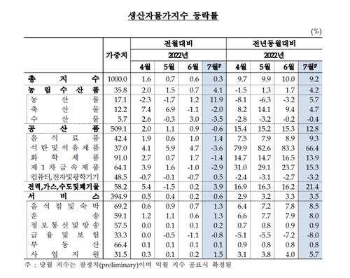 7월 생산자물가 0.3%↑…7개월 연속 올랐지만 상승률은 둔화