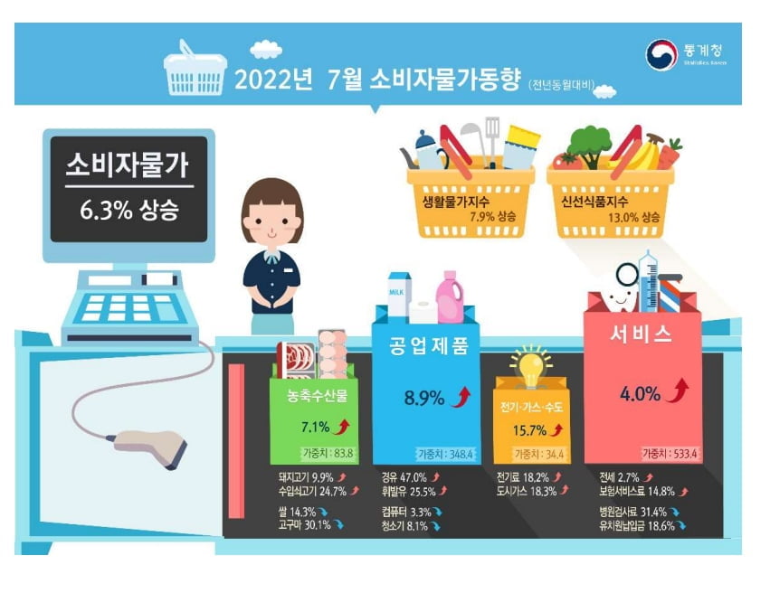 7월 물가 6.3%↑ '두달 연속 6%대'…농·축·수산물 7% 올라