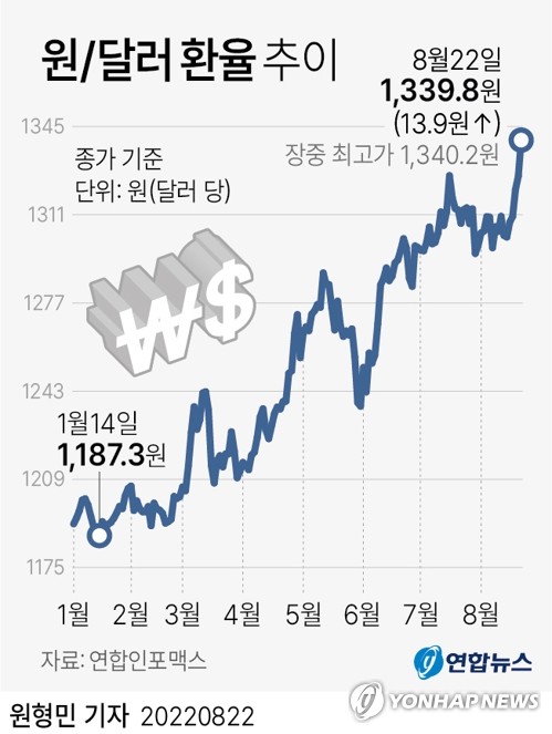 원/달러 환율 장중 1,340원대 폭등…코스피 2,460대로 추락(종합2보)