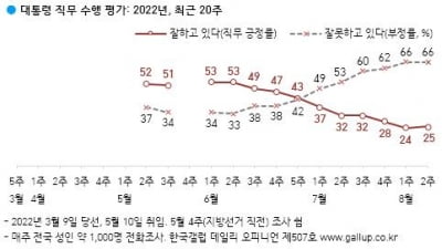 尹대통령 직무수행 '긍정' 25%, 1%p↑…'부정' 66% 동률[갤럽]