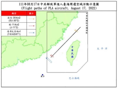 대만 국방부 "중국 군용기 5대 대만해협 중간선, ADIZ 침범"