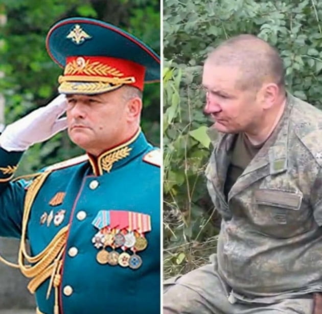 안드레이 시체보이 러시아군 육군 중장(왼쪽), 최근 하르키우에서 우크라이나 군에 붙잡힌 러시아 중령. 우크라이나 현지 매체는 이 포로가 시체보이 중장일 가능성을 제기했다. /출처=르비우 저널 트위터