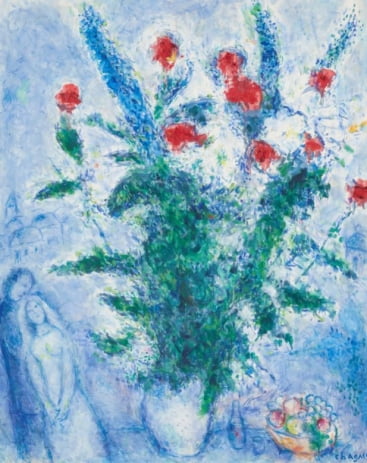 국립현대미술관 전시에 나온 마르크 샤갈의 '결혼 꽃다발'(1975). 몽환적이고 아름다운 삶의 순간을 노래하는 작품으로, 샤갈이 말년에 되찾은 새로운 사랑과 행복을 담아낸 대표작이다. 국립현대미술관 제공