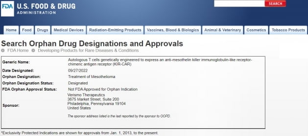 베리스모, CAR-T 치료제 중피종 美 희귀의약품 지정