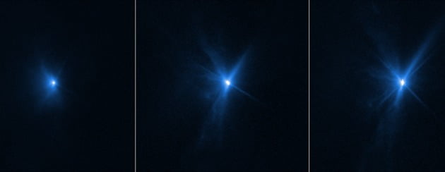 다트(DART) 우주선과 충돌한 소행성 디모르포스를 허블이 포착했다. 왼쪽부터 충돌 22분, 5시간, 8.2시간 후 장면. NASA 제공