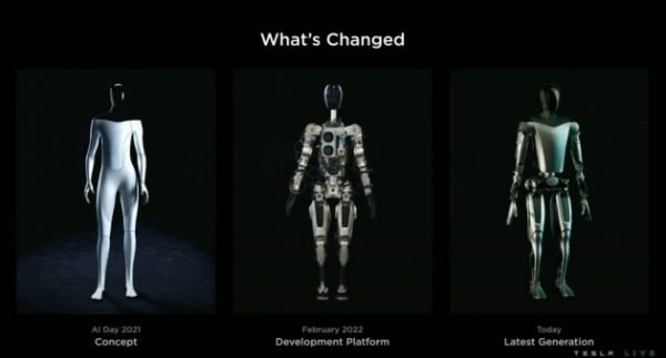 테슬라가 지난 30일 열린 AI 데이 행사에서 공개한 옵티머스 진화 모습. 작년 AI 데이에 공개한 콘셉트 이미지(왼쪽부터), 지난 2월 개발한 로봇 플랫폼 ‘범블씨(Bumble-Cee)’, 가장 최근 버전인 옵티머스 시제품. /사진=테슬라 유튜브