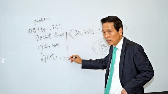 한국경제신문과 7일 만난 배재규 한투운용 대표. 배 대표가 '자산 배분'의 개념에 대해 설명하고 있다. 그는 