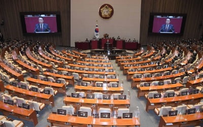 [포토] 尹 국회 시정연설…헌정사 첫 전면 보이콧한 민주당