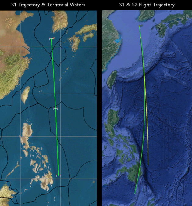 페리지에어로스페이스 'BW-01'의 예상 발사 궤적 시뮬레이션 화면. 한반도에서 동남부 방향인 필리핀 영해로 발사체 1단부가 낙하할 것으로 예상된다.  /페리지에어로스페이스 제공