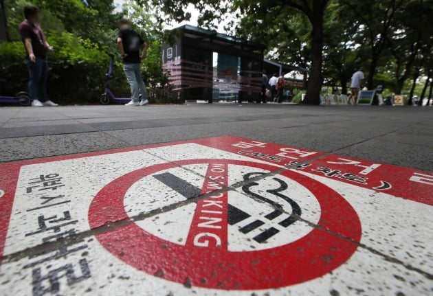 서울 여의도의 한 폐쇄된 흡연 부스 앞에서 직장인들이 담배를 피우고 있다. 2021년 7월 정부는 코로나19 확산 방지를 위해 주요 흡연부스를 폐쇄하기도 했다. 사진=연합뉴스
