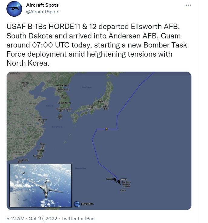 北도발 우려속 美전략폭격기 B-1B 괌 전개한듯…한반도서 2시간