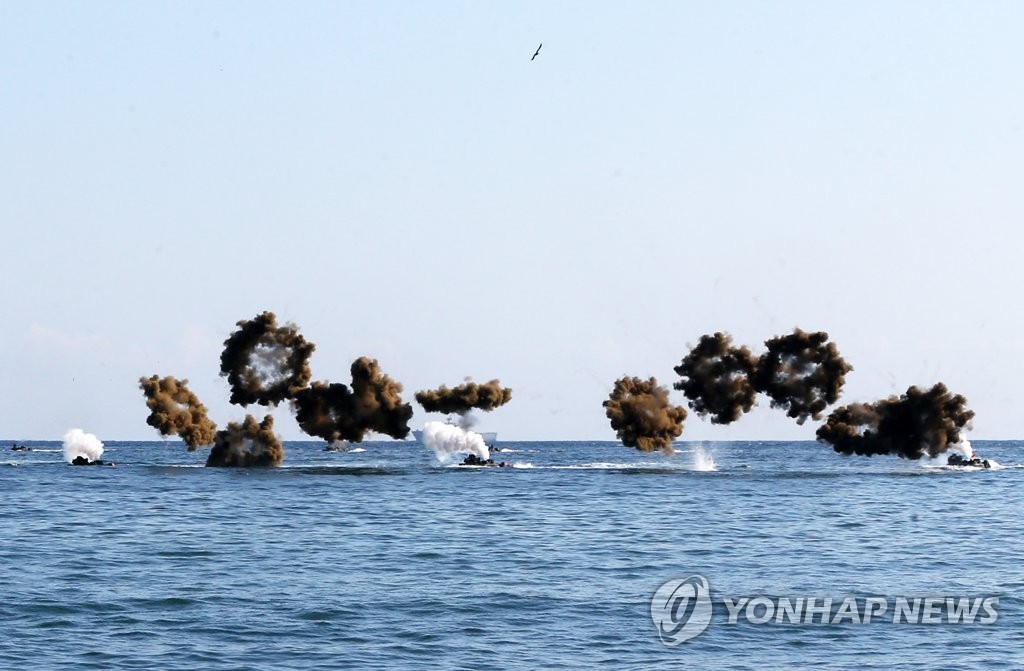 해상에 돌격장갑차 하늘에 기동헬기…합동상륙훈련 4년만에 공개