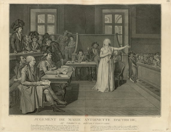 마리 앙투아네트의 마지막 재판을 그린 당시 삽화. 프랑스 국립도서관 소장