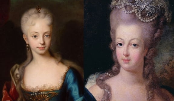 마리아 테레지아의 젊은 시절(왼쪽)과 마리 앙투아네트(오른쪽)의 초상화 비교. 이 때의 테레지아는 지금 말로 하면 '국민 첫사랑' 이었다. 테레지아의 11녀인 앙투아네트도 그 미모를 물려받았다. 결혼 초기 그녀는 사랑스러운 외모와 경쾌한 몸놀림, 타고난 여왕다운 태도로 많은 이들의 사랑을 받았다. 다만 어머니보다는 합스부르크 가문 특유의 주걱턱이 조금 더 두드러져 있다.