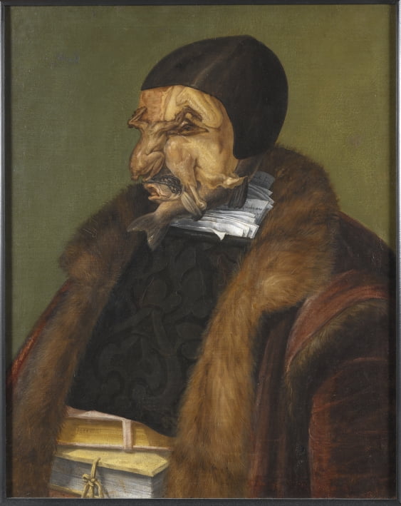 아르침볼도의 1566년작 '법학자'. 대상을 조롱하기 위해 머리는 생선과 개구리, 닭 등으로, 몸은 법률 문서로 그렸다. 작품을 소장 중인 스톡홀름 국립미술관은 이 인물이 독일인 법관 울리히 자시우스라고 추정한다. 막시밀리안 2세는 그를 법관으로 중용했지만, 세간에서 그의 평판은 좋지 않았다.