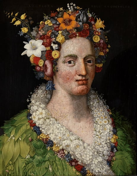 아르침볼도의 '플로라'(1589). 봄의 여신 플로라를 꽃과 봉오리, 꽃잎, 줄기와 잎으로 표현했다. 평생 갈고 닦은 아르침볼도의 섬세한 기술이 두드러지는 작품이다.