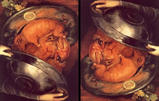 아르침볼도의 'The Cook'(1570). 거꾸로 보면 다른 그림이 나온다. 스톡홀름 국립 박물관 소장. 