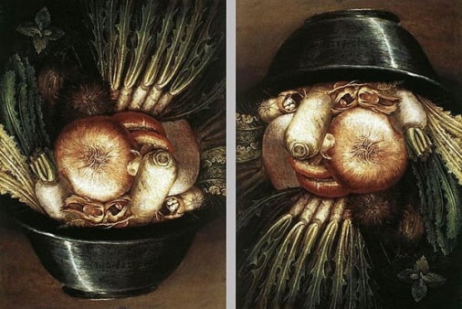 아르침볼도의 '정원사'(1587~1590). 아르침볼도는 먼저 작품을 정물화로 그린 뒤 이를 돌려 얼굴 모양이 되도록 수정한 것으로 분석된다. 엑스레이 분석에 따르면 작가는 이를 위해 여러 번 과일을 지우고 새로 그렸다.