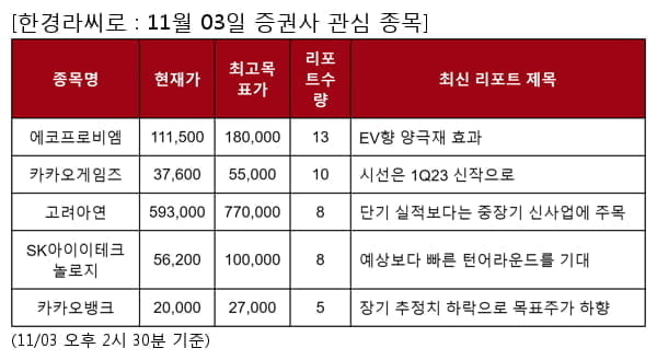 에코프로비엠,카카오게임즈,고려아연,SK아이이테크놀로지,카카오뱅크,두산,이녹스첨단소재,삼성물산,인크로스