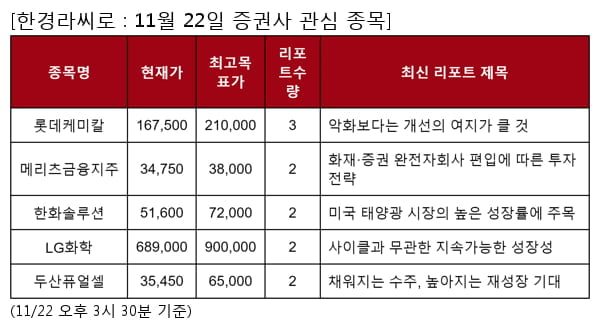 롯데케미칼,메리츠금융지주,한화솔루션,LG화학,두산퓨얼셀,현대차,SK이노베이션