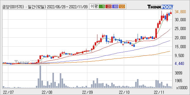 '금양' 52주 신고가 경신, 단기·중기 이평선 정배열로 상승세