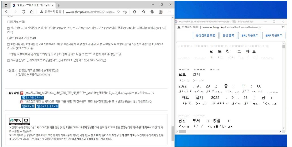 [OK!제보] "보건복지부 홈페이지 전자점자 서비스에 오류"