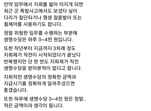 "지뢰제거임무 병사 '생명수당' 1일 4천원…그나마도 못받아"(종합2보)