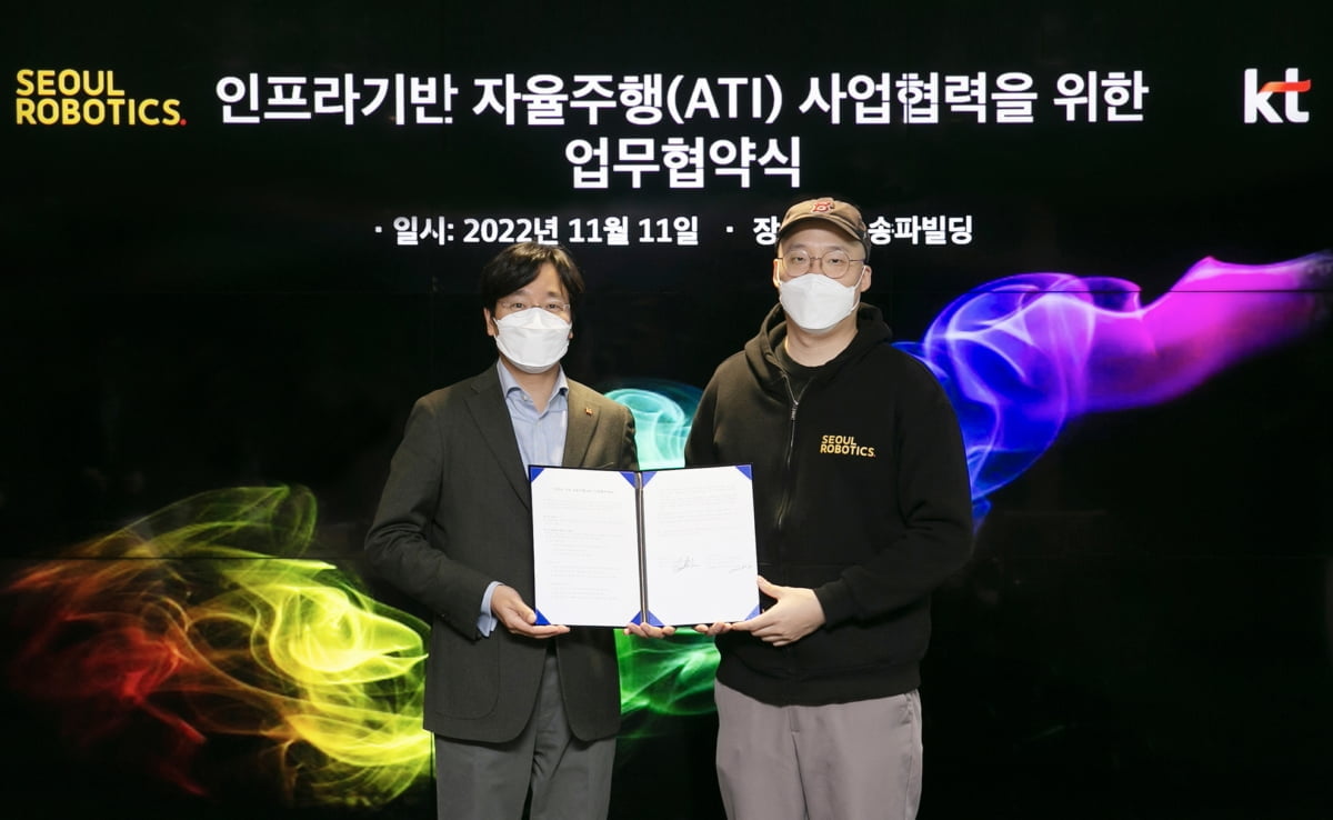 T AI mobility사업단장 최강림 상무(왼쪽)와 서울로보틱스 이한빈 대표가 기념사진 촬영하는 모습