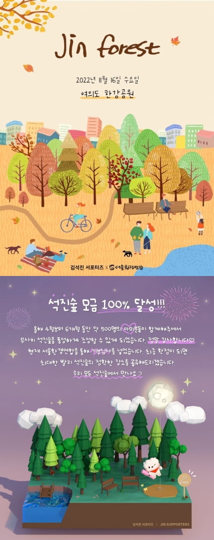 방탄소년단 진 팬들, 환경 문제에 대한 선한 영향력..한강 공원 '석진숲(JinForest) 조성'  